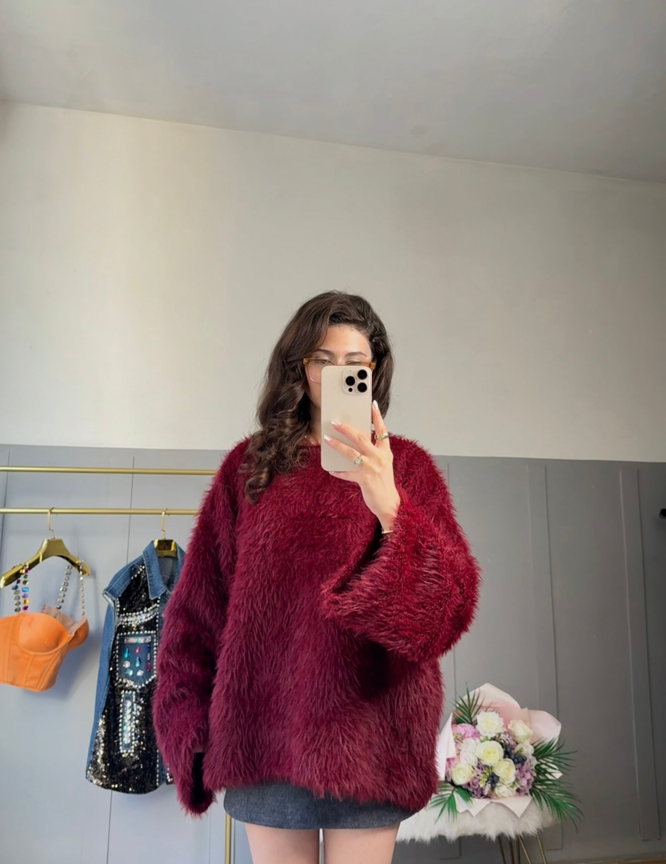 Puffy Bordo Sakallı Peluş Kazak