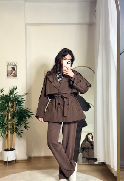 Pure Gabardin Yarım Trençkot Acı Kahve