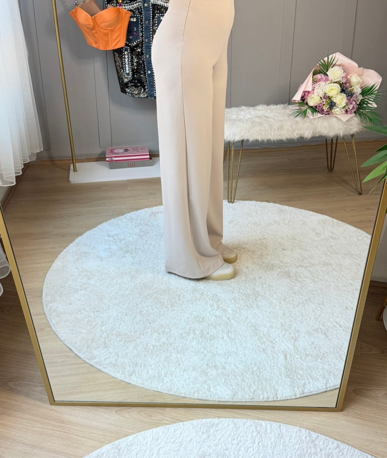 Krem Esnek Kumaş Elegance Palazzo Pantolon