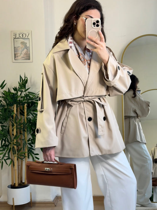 Pure Gabardin Yarım Trençkot Bej
