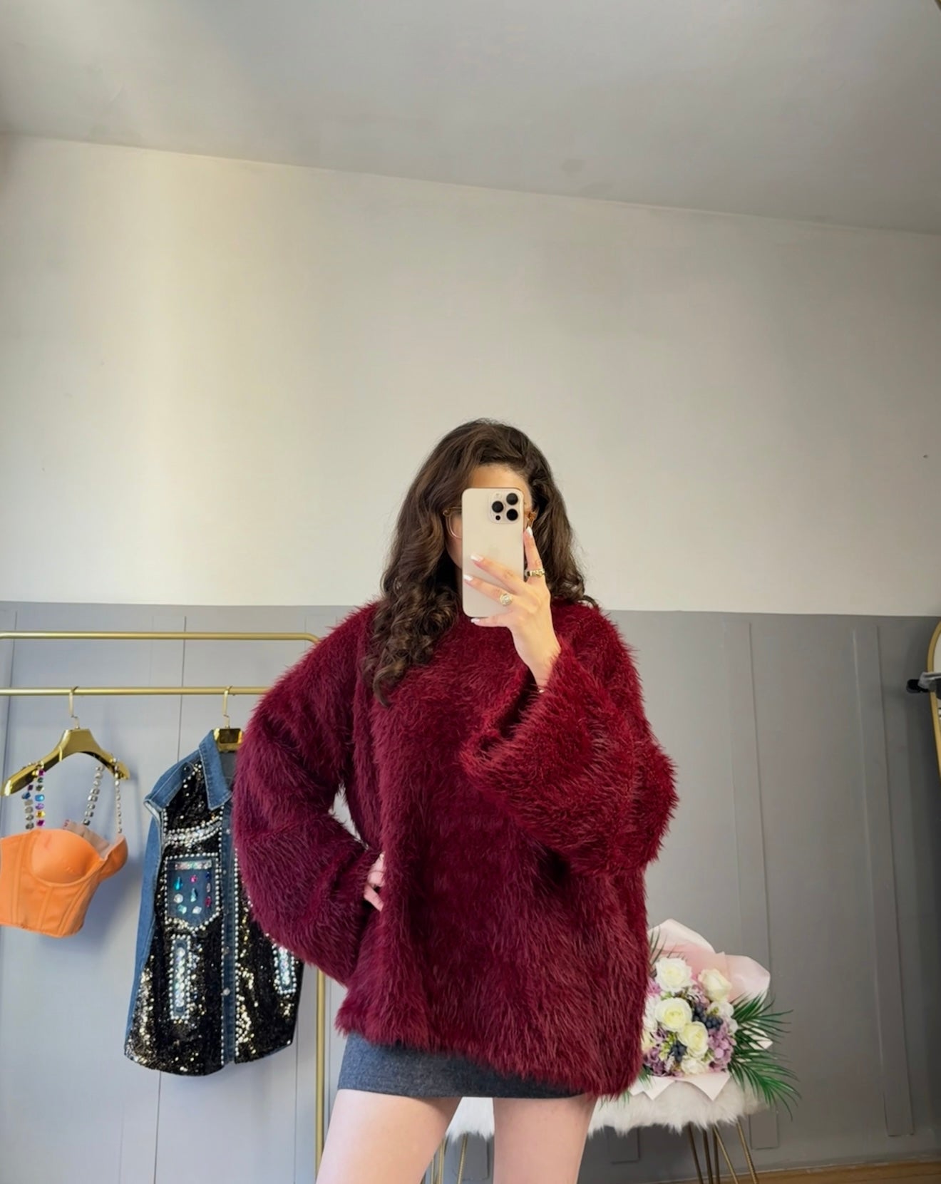 Puffy Bordo Sakallı Peluş Kazak