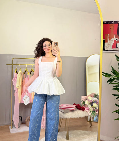 Poplin Balonlu Tasarım Gömlek Beyaz