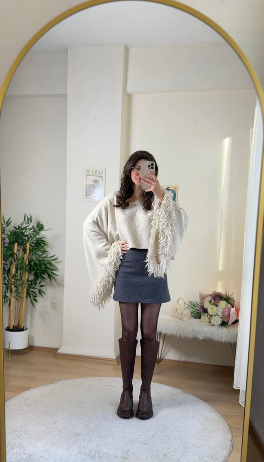 İspanyol Kol Püskül Kazak Ekru