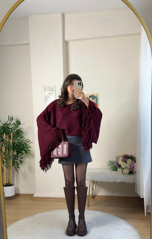 İspanyol Kol Püsküllü Kazak Bordo