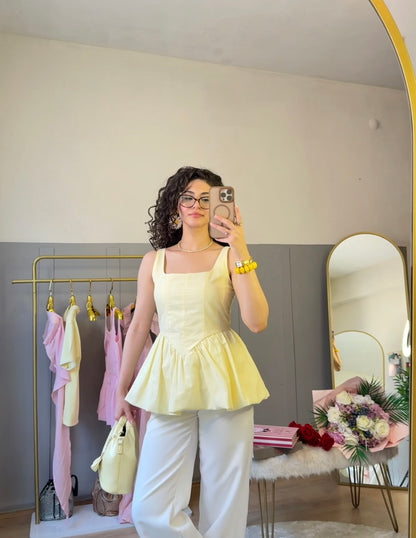 Poplin Balonlu Tasarım Gömlek Sarı