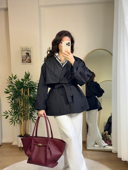 Pure Gabardin Yarım Trençkot Siyah