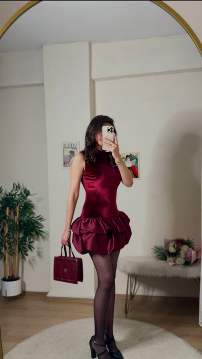 Luxe Velvet Mini Elbise Bordo