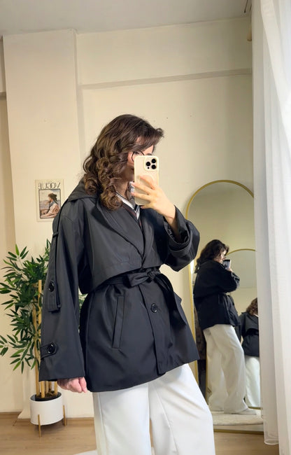 Pure Gabardin Yarım Trençkot Siyah