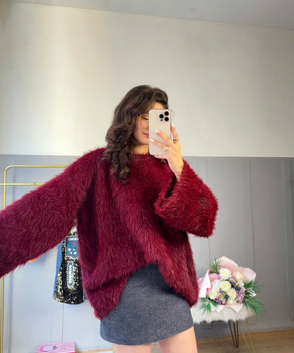 Puffy Bordo Sakallı Peluş Kazak
