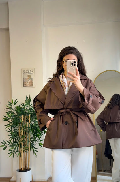 Pure Gabardin Yarım Trençkot Acı Kahve