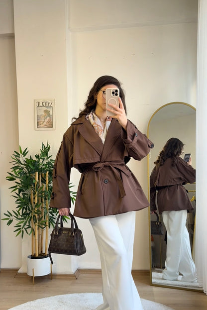 Pure Gabardin Yarım Trençkot Acı Kahve