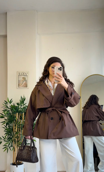 Pure Gabardin Yarım Trençkot Acı Kahve