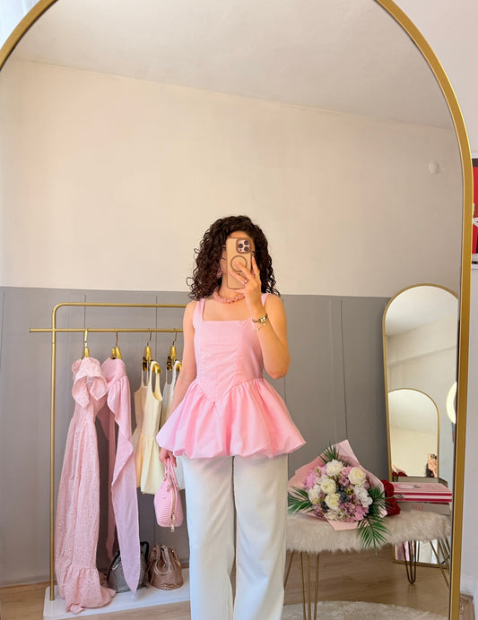 Poplin Balonlu Tasarım Gömlek Pembe