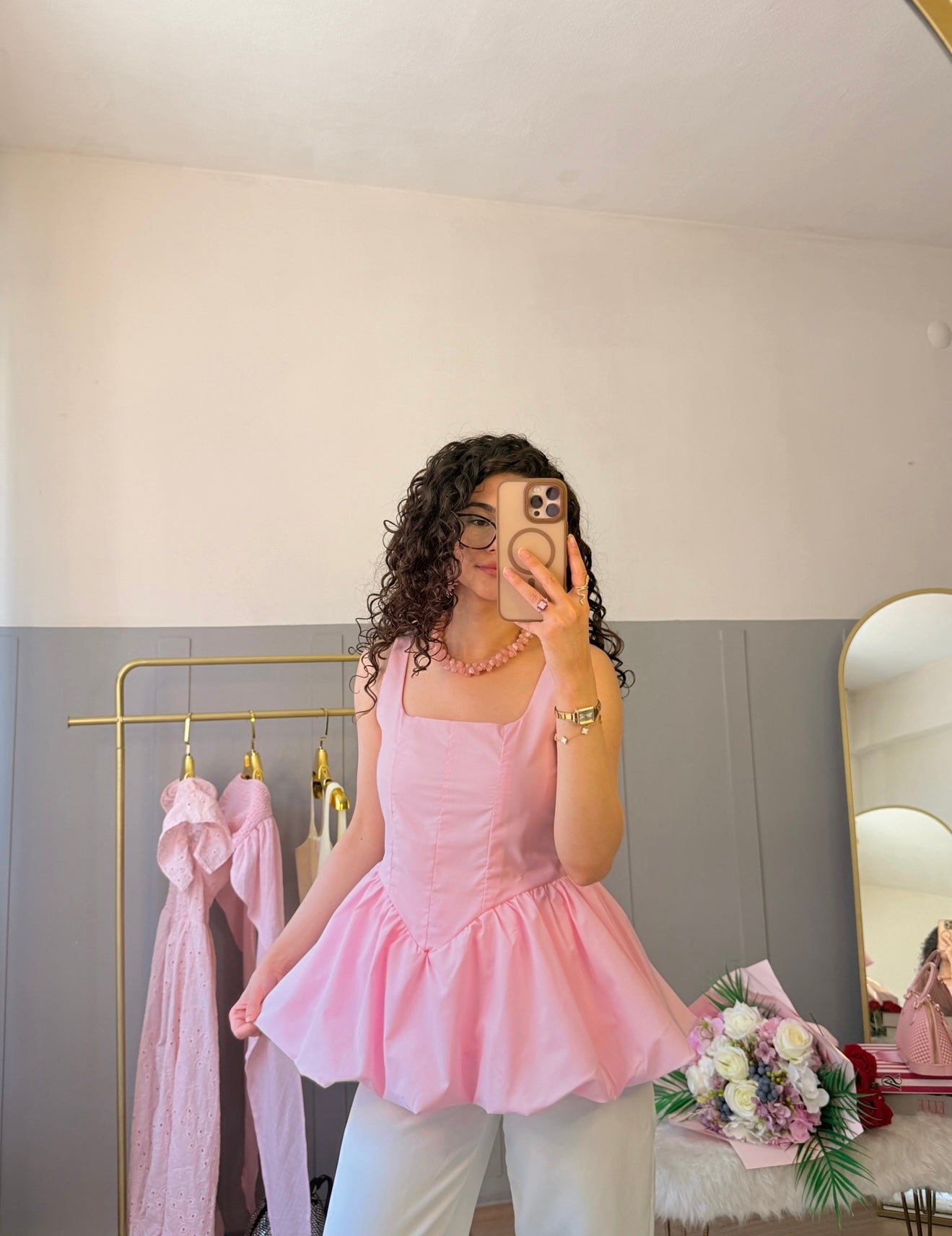 Poplin Balonlu Tasarım Gömlek Pembe