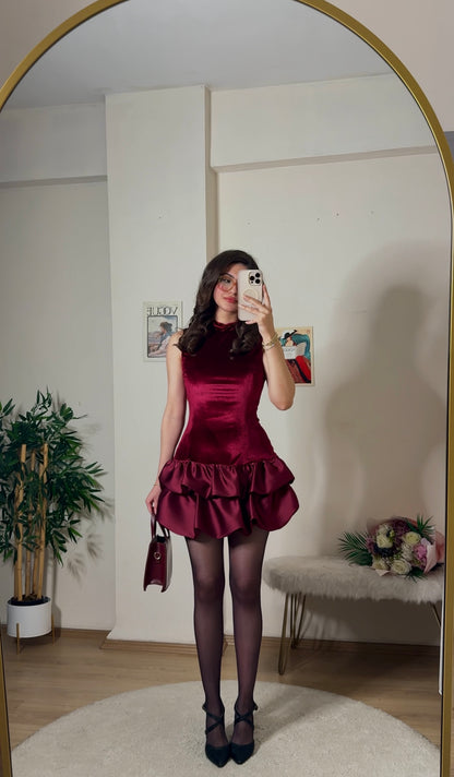 Luxe Velvet Mini Elbise Bordo