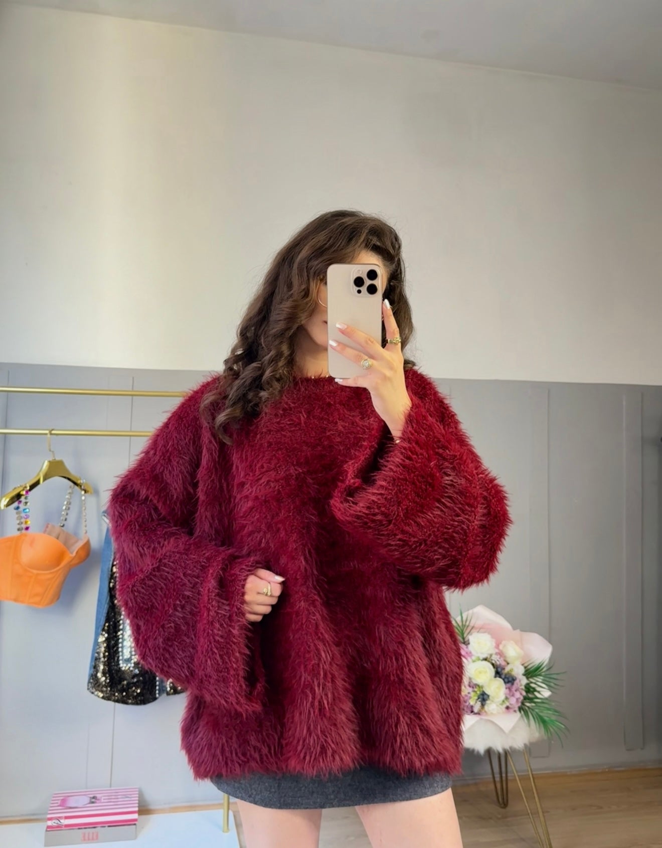 Puffy Bordo Sakallı Peluş Kazak
