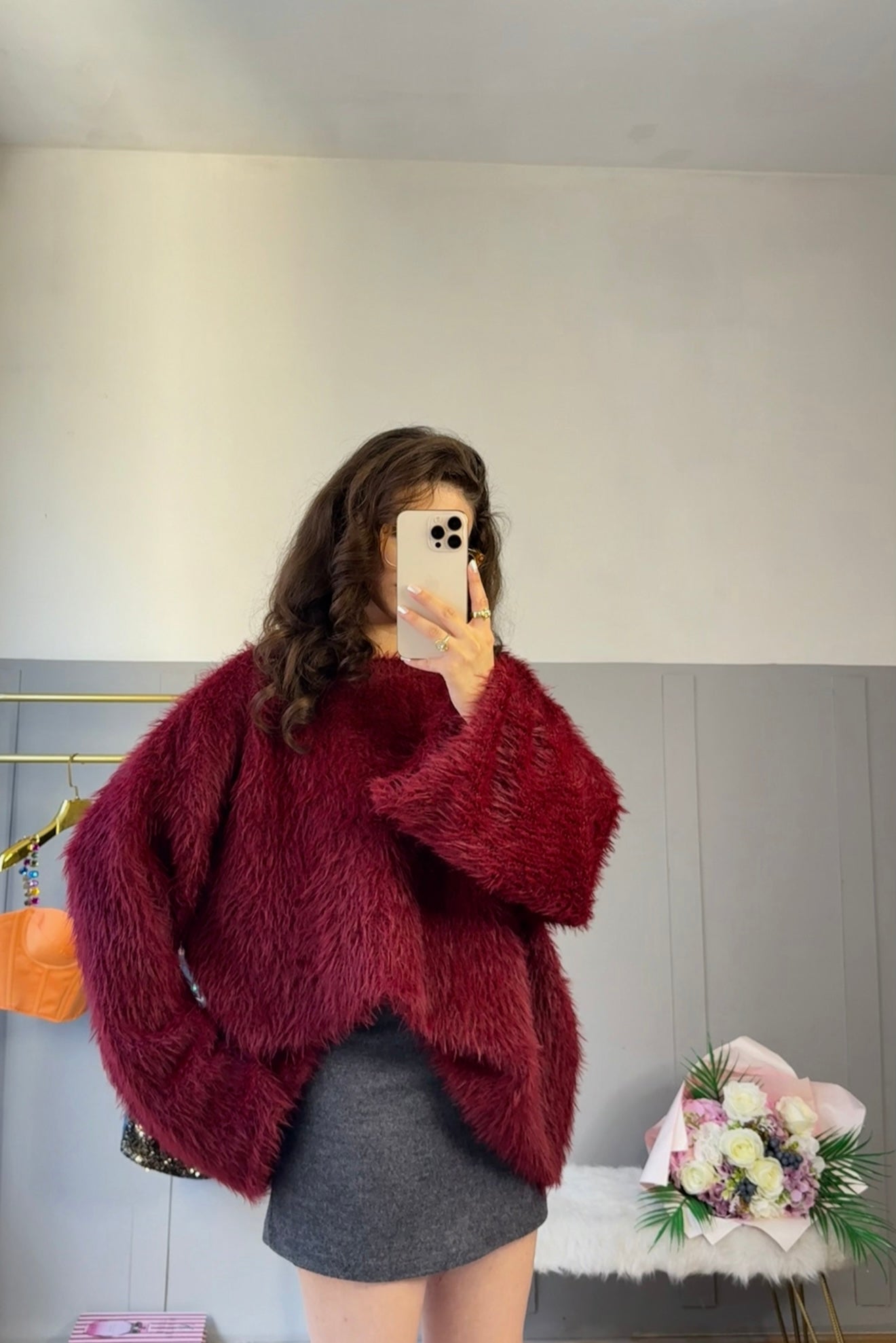 Puffy Bordo Sakallı Peluş Kazak