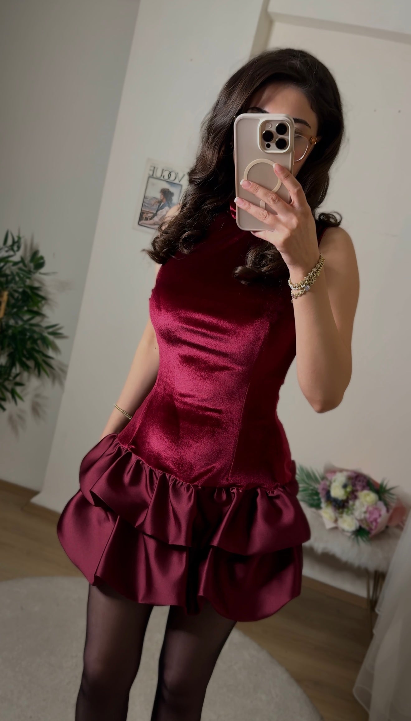 Luxe Velvet Mini Elbise Bordo