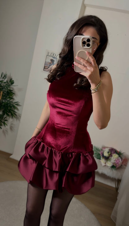 Luxe Velvet Mini Elbise Bordo